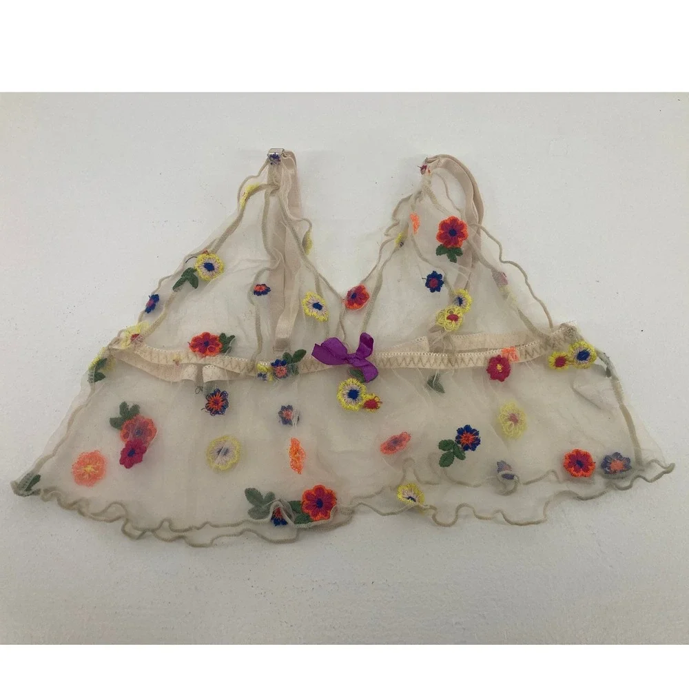 Coachella Music Festival‎ Sheer Bralette Embroidered Wildflowers Fairycore Twee